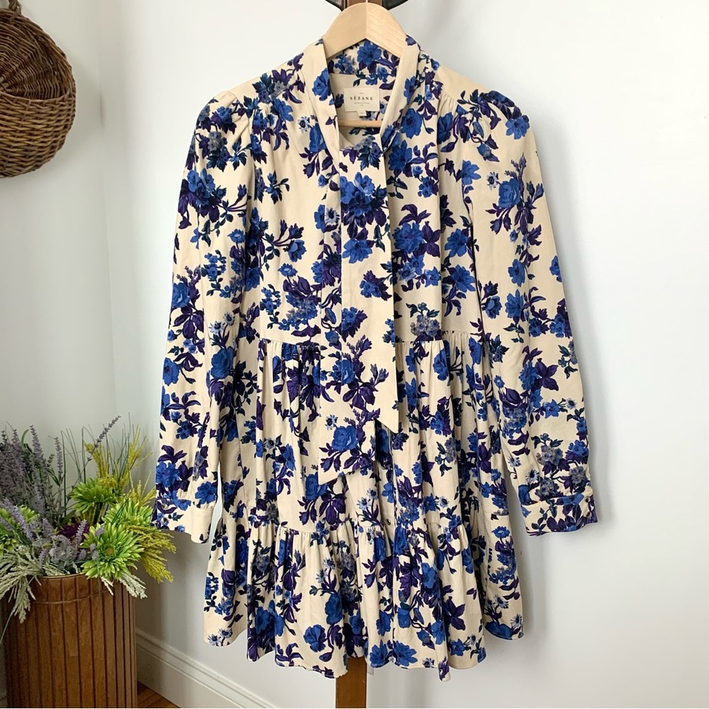 Sezane Rare Soledad Floral Mini Dress Blue Cream FR 36 - Picture 5 of 16